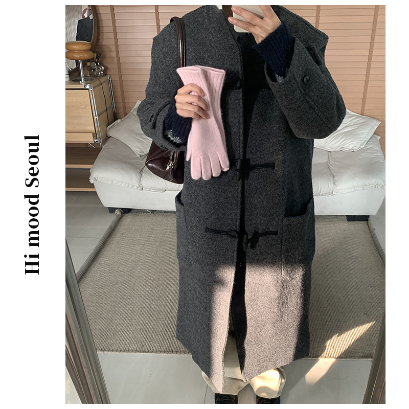 【金恩慧欧尼Hi mood】高级感复古牛角扣立领纯色羊毛大衣