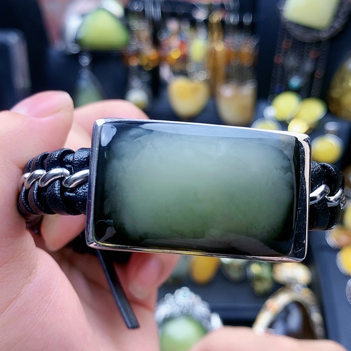 琥珀裸石银S925镶嵌手镯