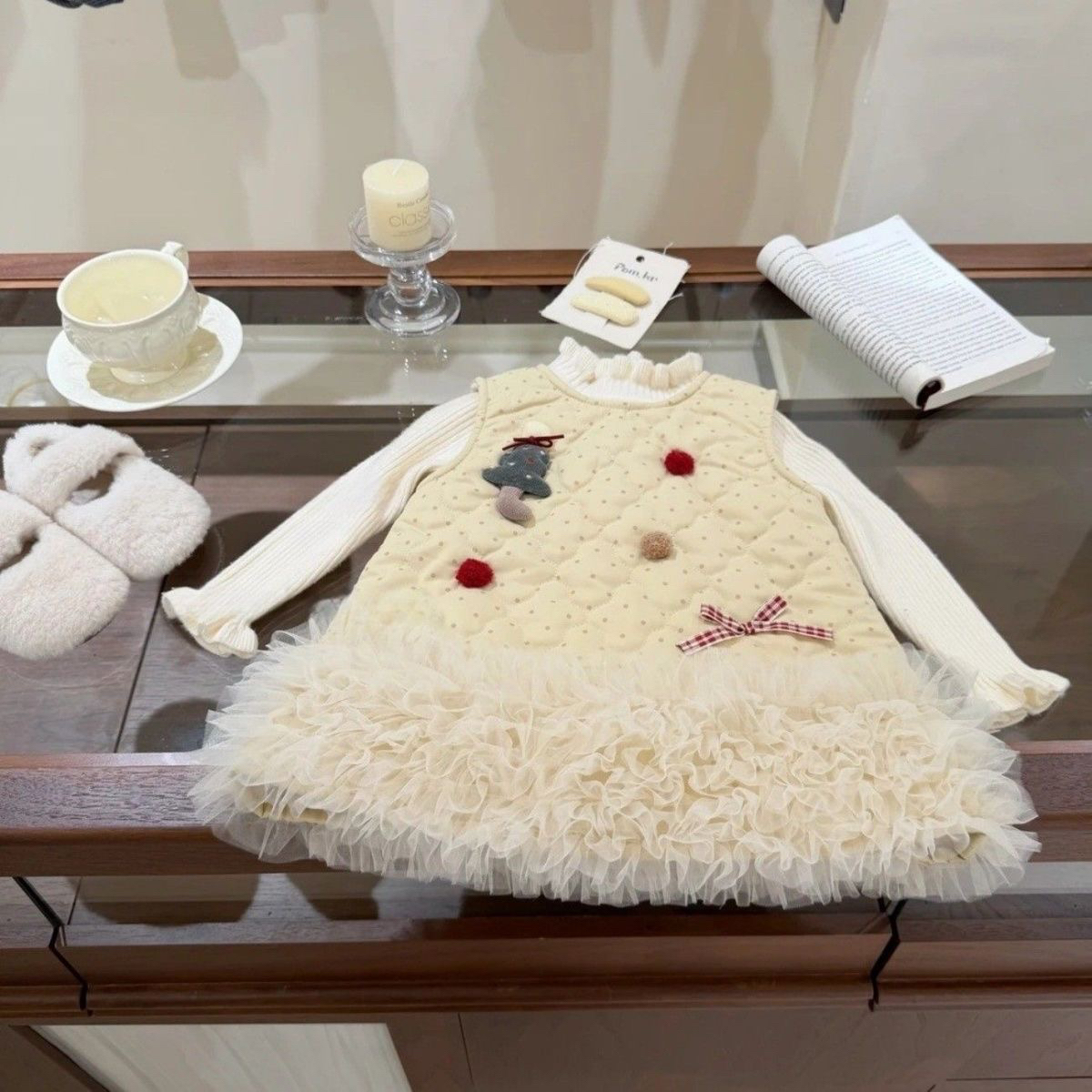 女童波点网纱加绒裙冬季圣诞宝宝洋气背心连衣裙毛衣套装秋冬款