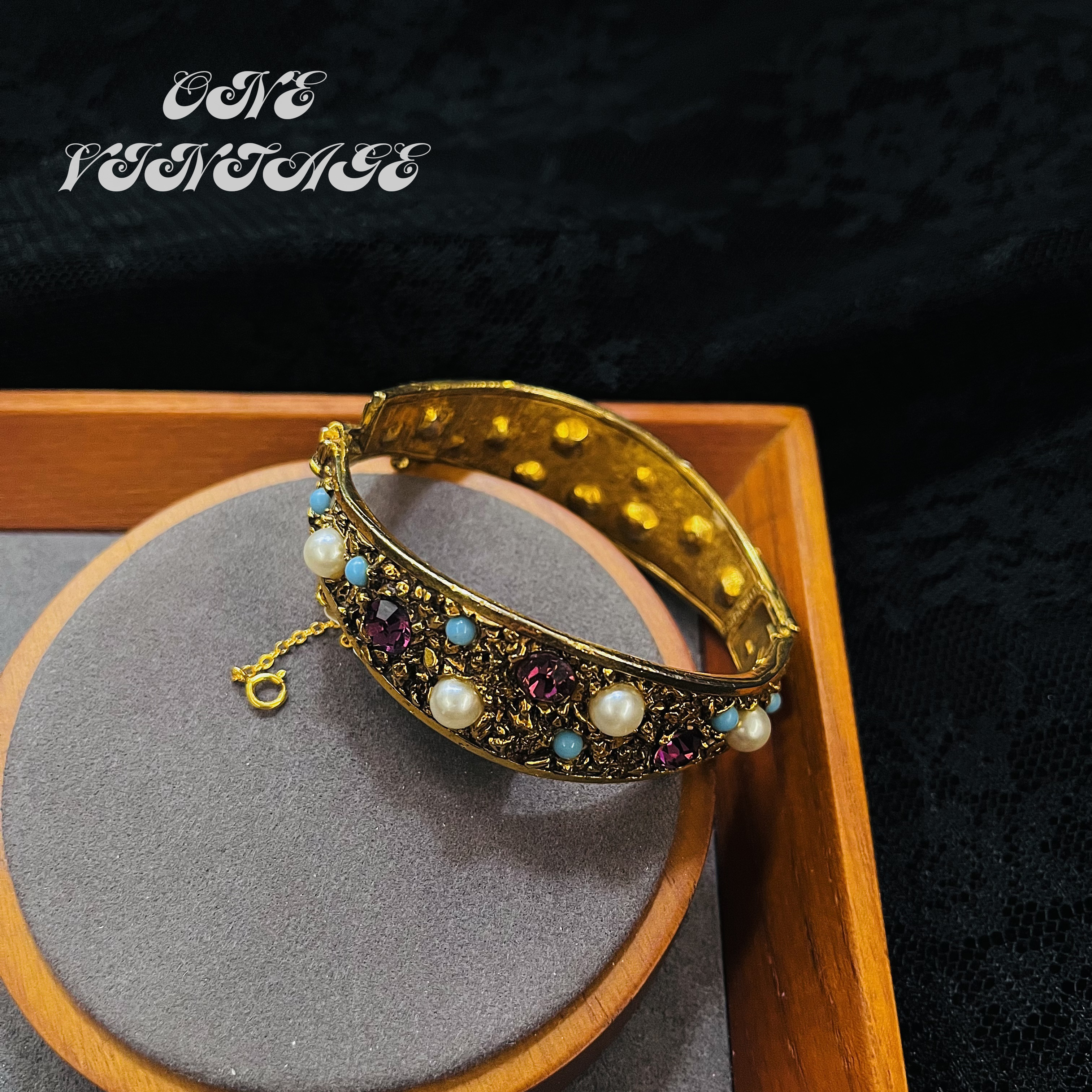 合金仿珍珠手镯 florenza珠珠彩宝开口镯 Vintage