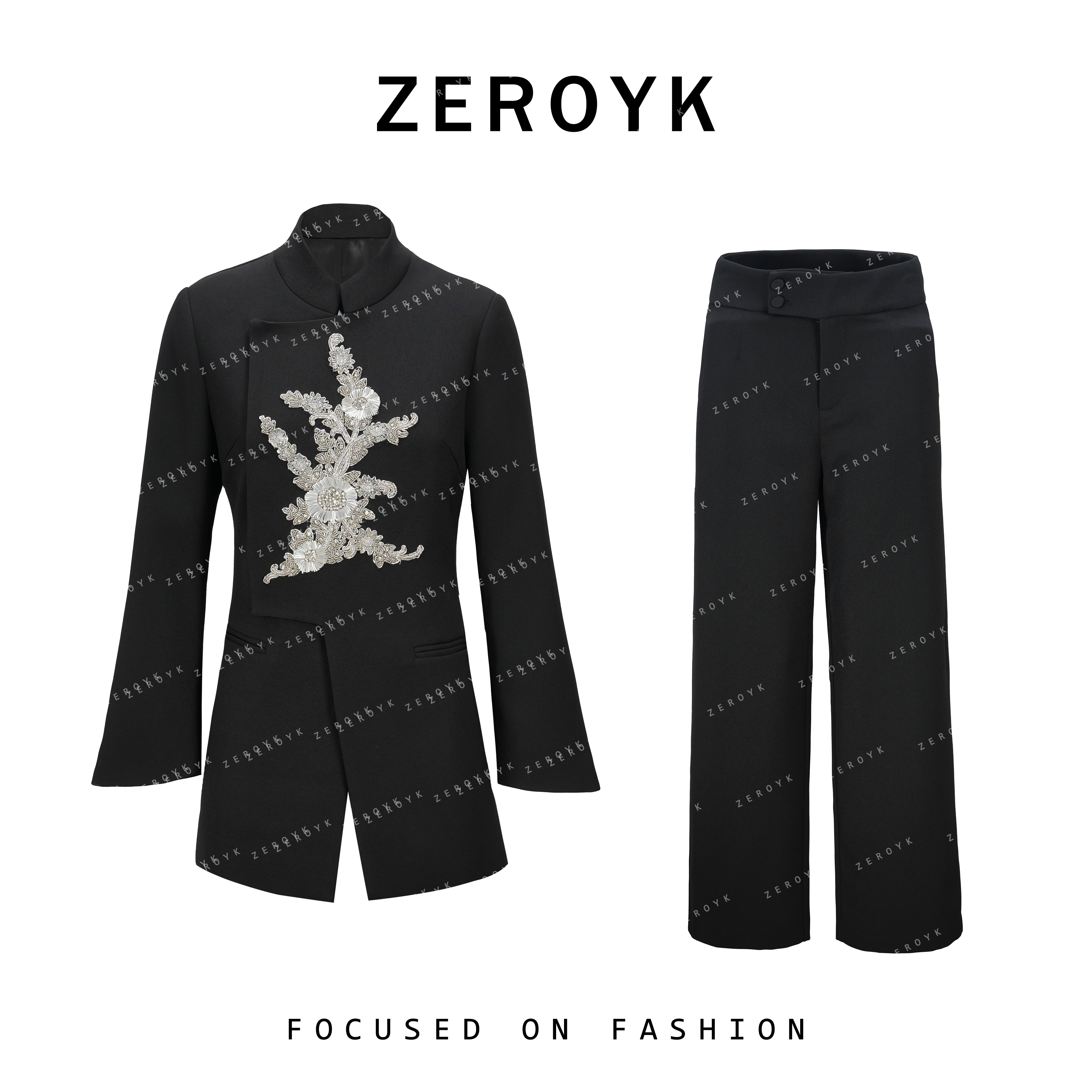 ZEROYK翎蔻 高端女装设计感重工刺绣立领改良中式西服长裤两件套