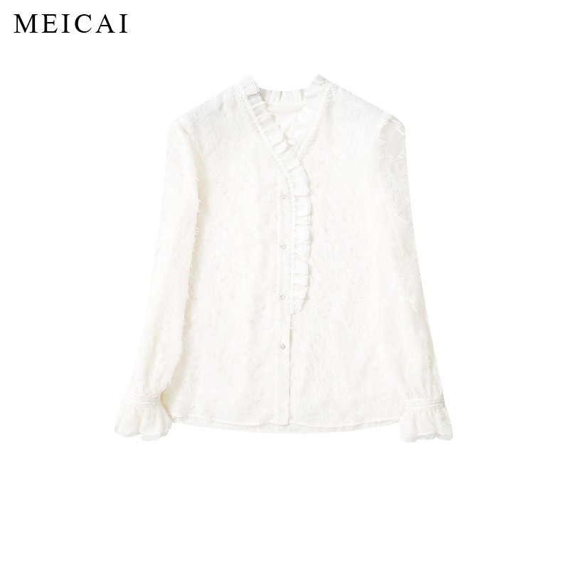 美裁“雪绒花”立体烧花木耳边千金法式小香衬衫女立领衬衣