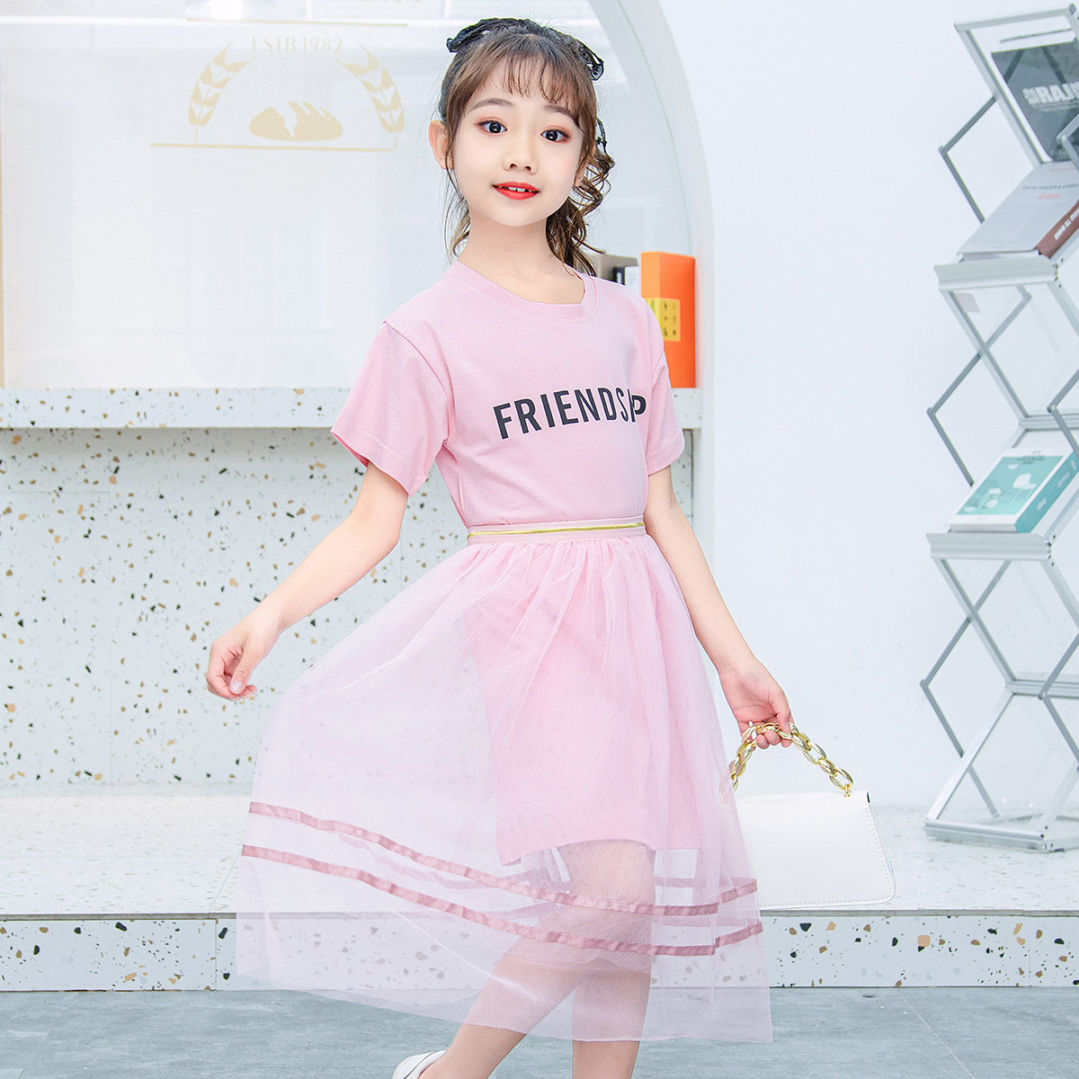 女童粉色长T纱裙套装儿童裙