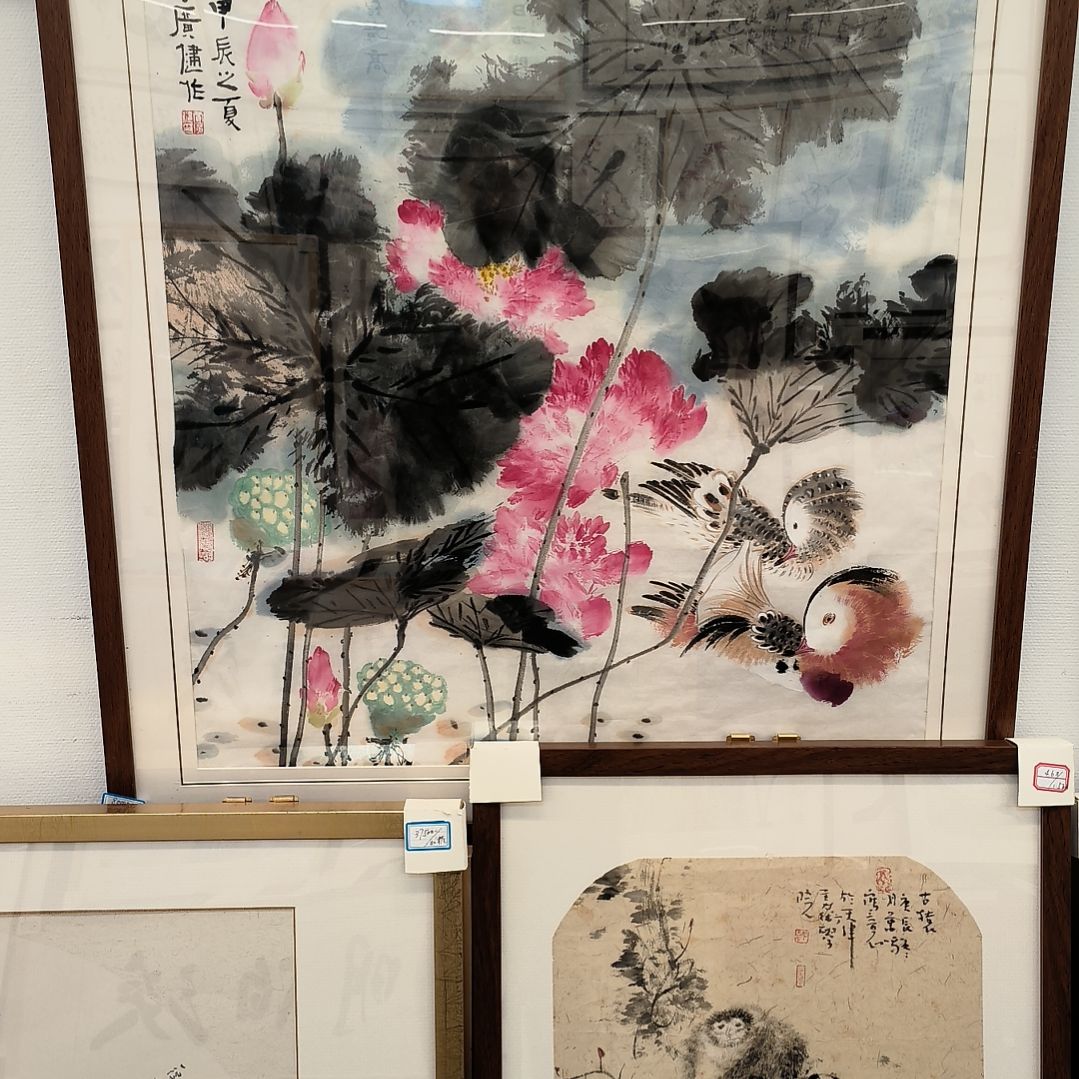 国画荷花鸳鸯作品带框