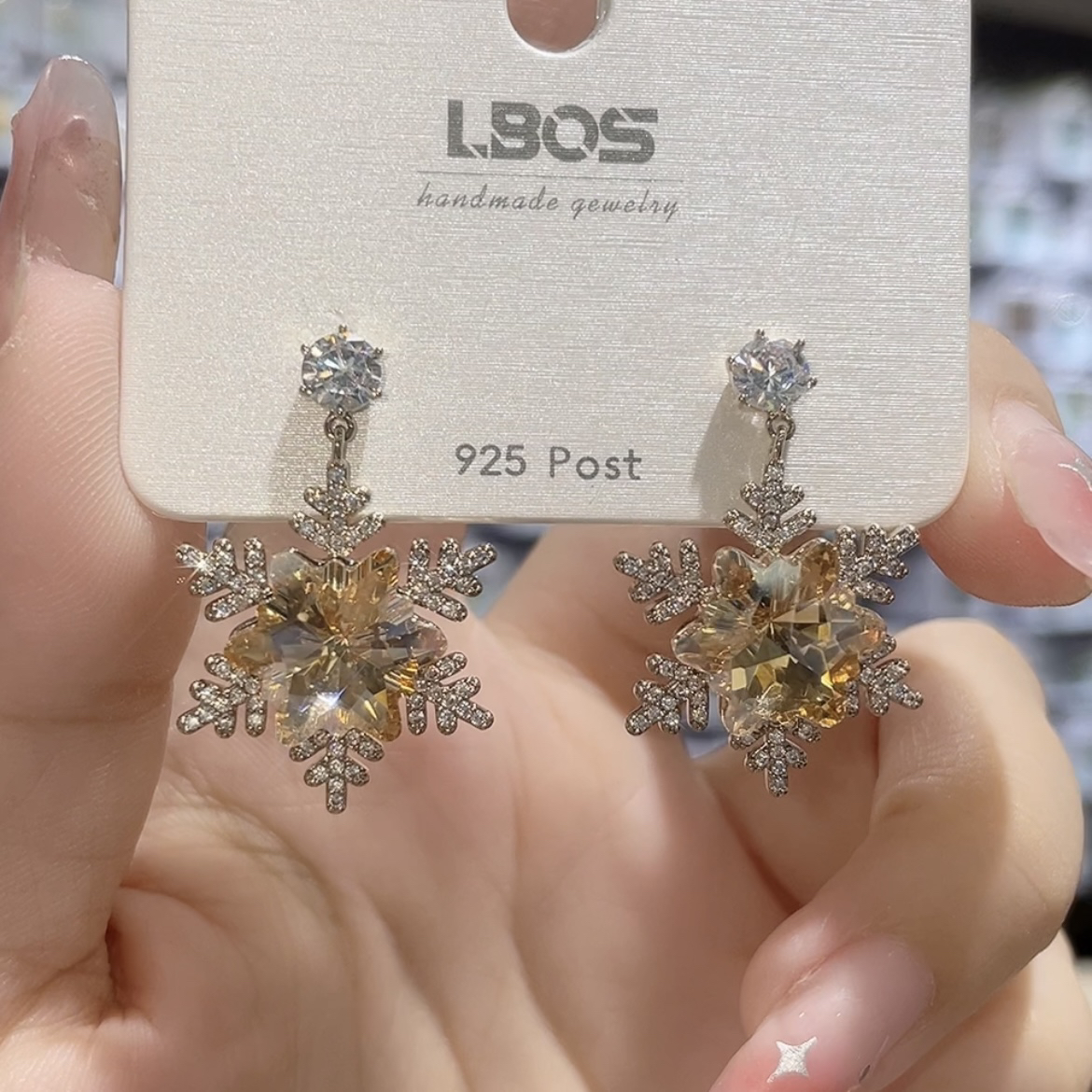 铜合金合成锆石耳饰 香槟金雪花耳坠时尚气质百搭轻奢重工奢华