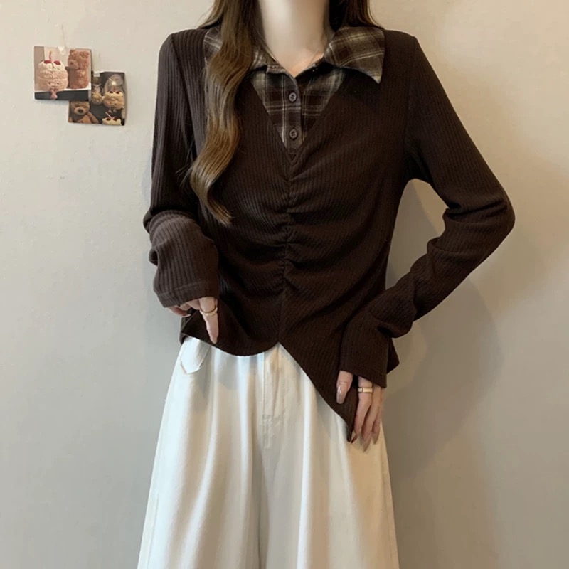 假两件衬衫拼接针织衫女秋冬2024短款长袖Polo领打底上衣