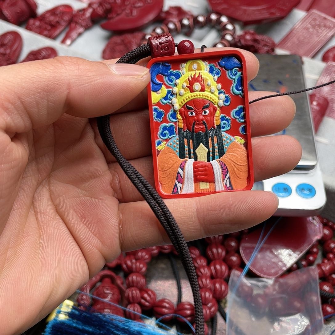 天然辰砂朱砂红砂彩绘五爷吊坠