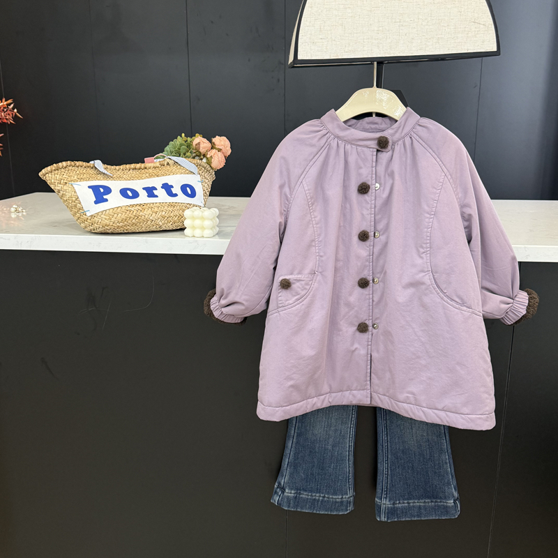 【现货】leomama女童秋冬洋气中长款紫色棉服儿童加绒保暖棉衣外套