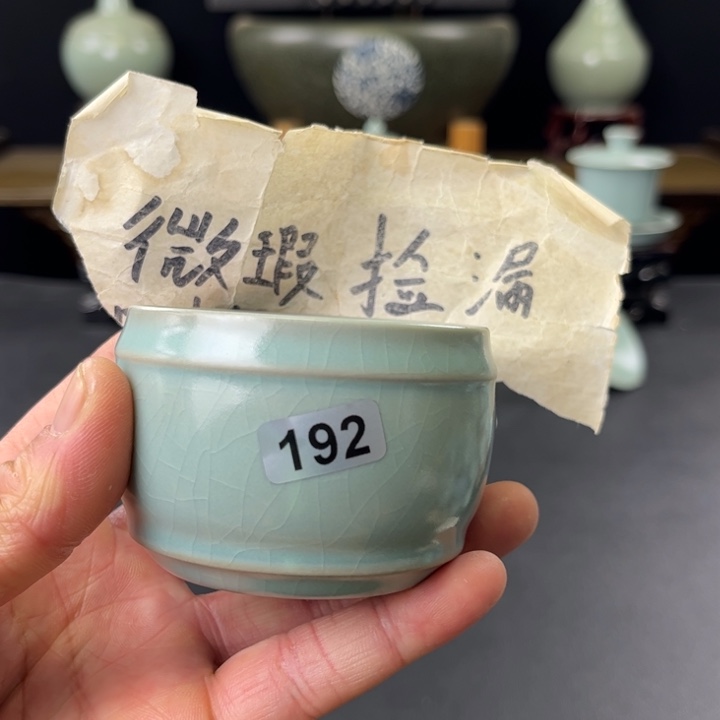 杯仿古釉汝官窑鼓杯192号微瑕捡漏