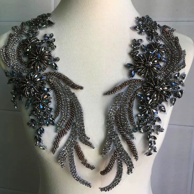 蜜桃粉灰色重工玻璃钻花礼服领部装饰珠花