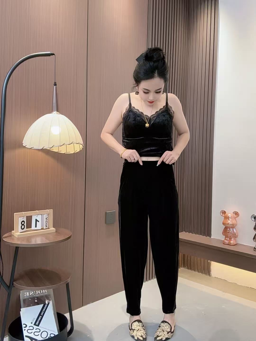 中国风法式长裤秋季小脚裤哈伦裤萝卜裤洋气显瘦黑色设计师2207