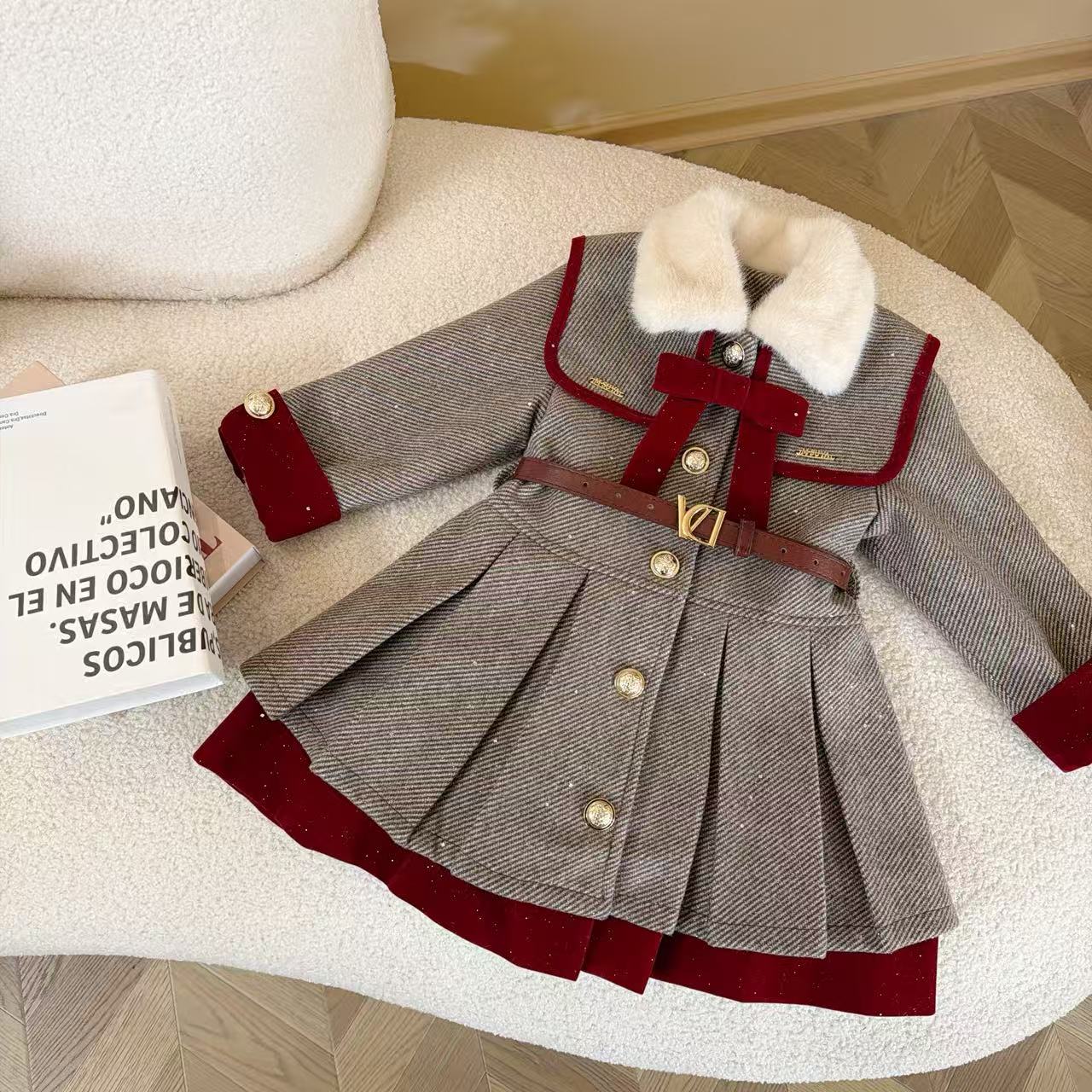 女童毛领呢料外套2025冬季女宝加绒加厚保暖洋气时髦连衣裙