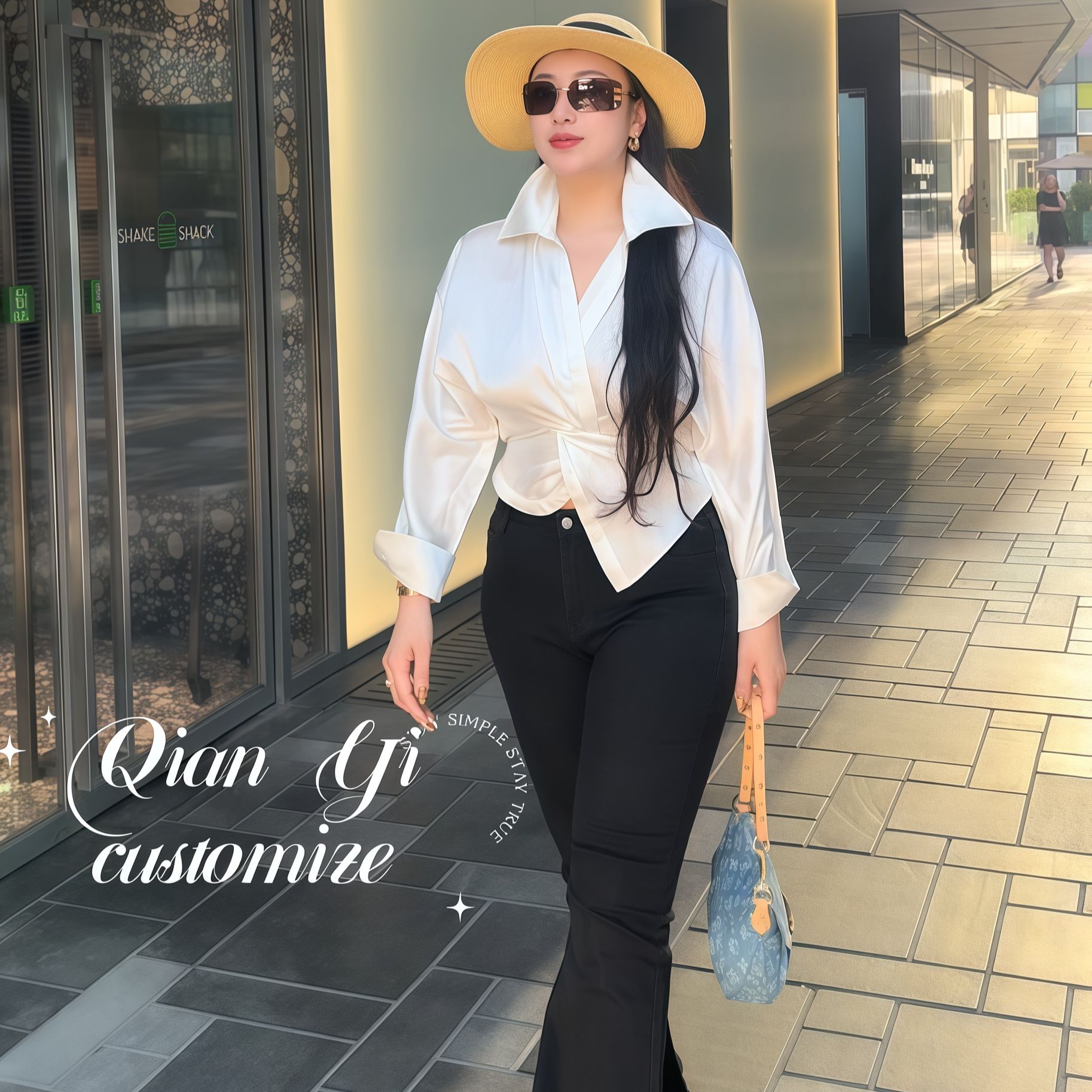 Qian Yi【加绒保暖弹力牛仔裤】大码女装微喇高腰显瘦