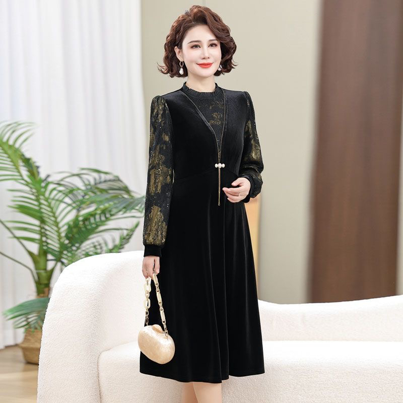 H992 妈妈装秋装高贵洋气时尚金丝绒连衣裙中老年气质国风裙子
