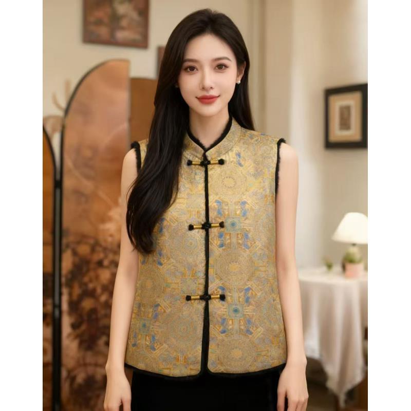 【金绫罗】双面穿新中式国风加绒保暖立领盘扣保暖马甲