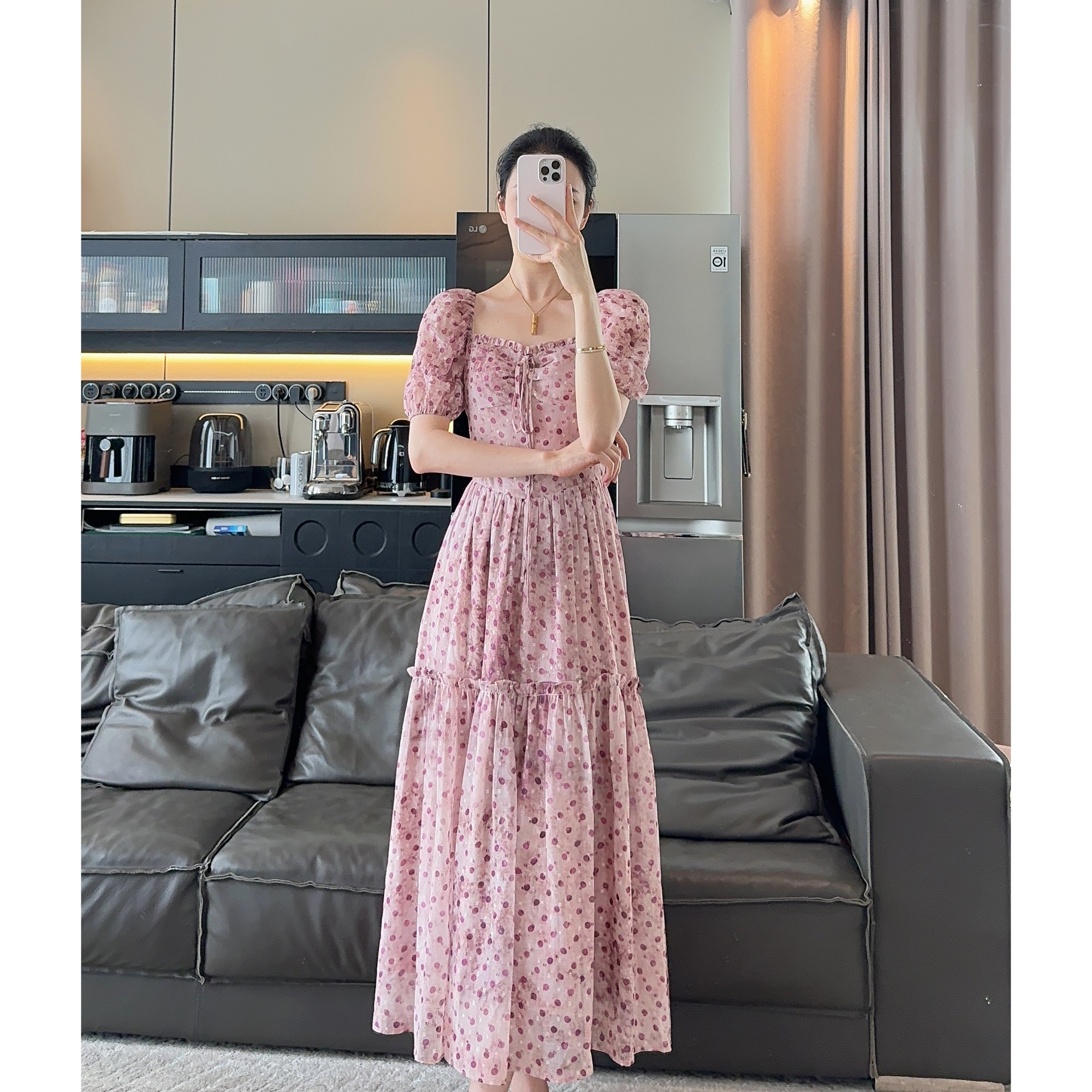 Zwinnie/詹维尼【粉波点】方领晕染复古中长款气质连衣裙 GYT202546