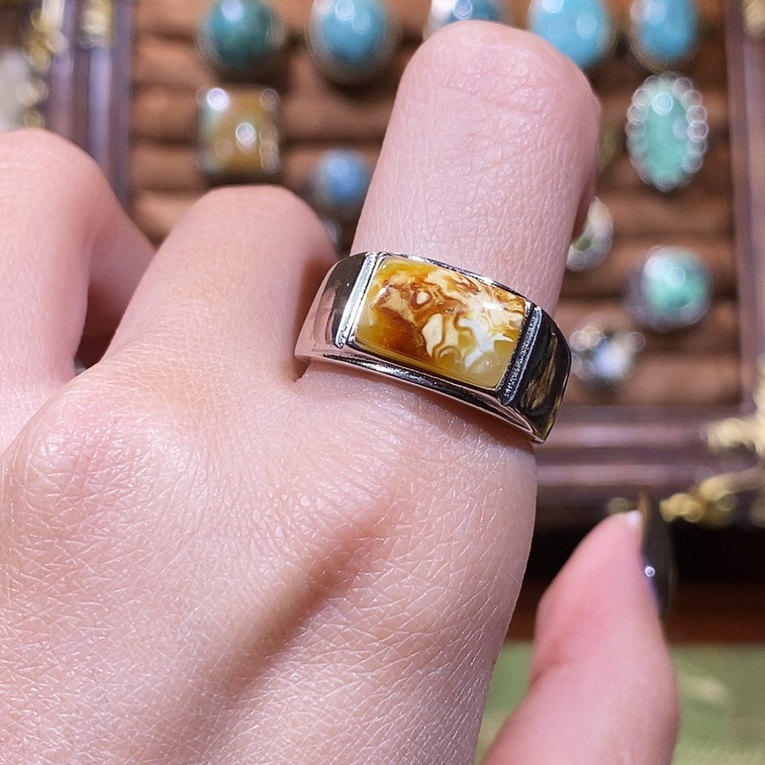 琥珀银S925镶嵌戒指戒指