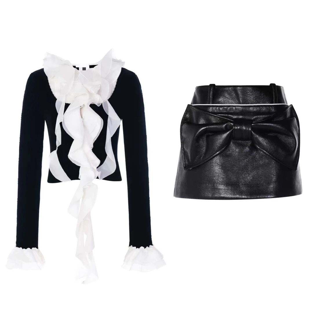 《no退no换默认微瑕》飘带黑色欧根纱荷叶边巴洛克风打底衫外套1