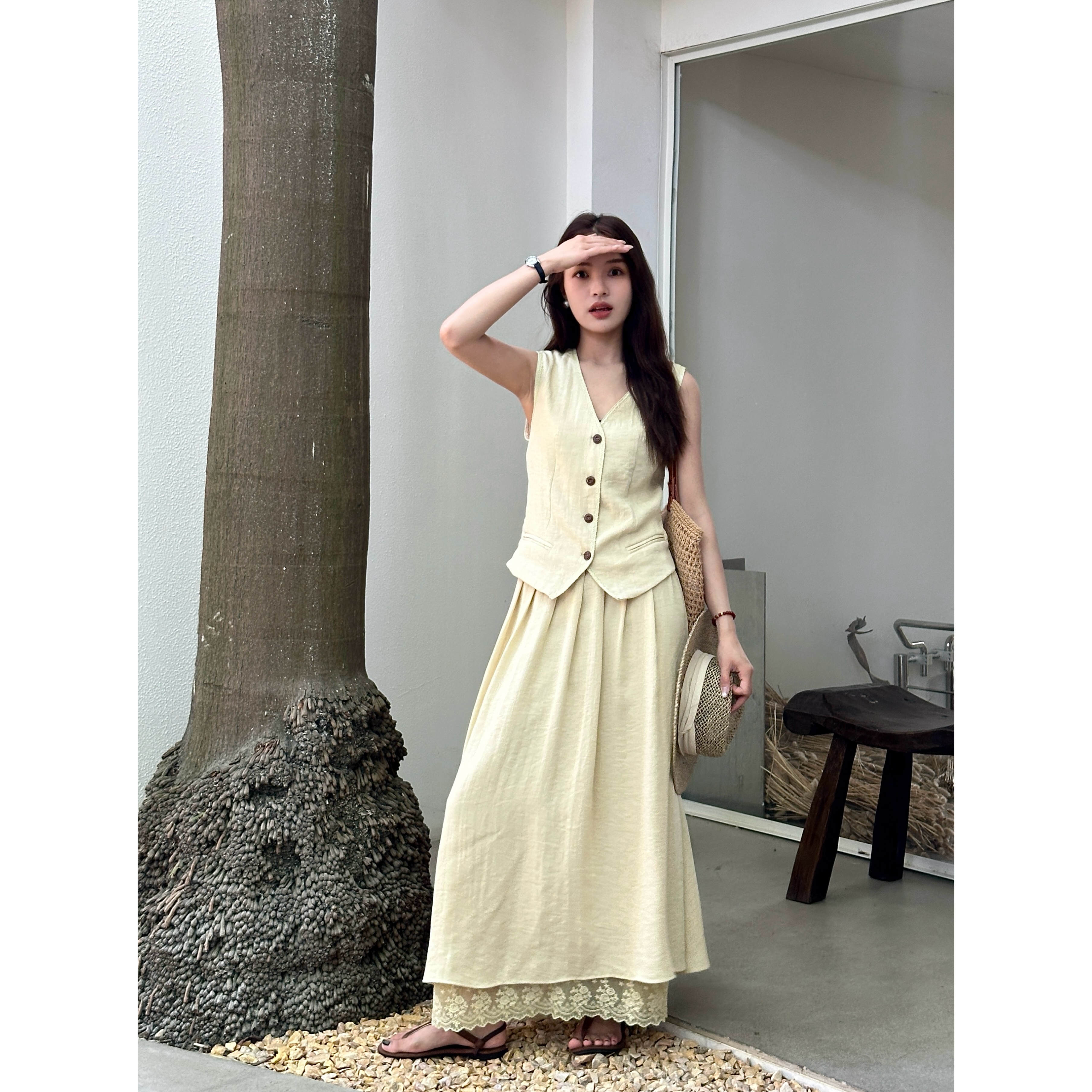 SUAN 【亚麻高定】休闲马甲+拼接蕾丝高腰半身裙显瘦套装 TZ8288#