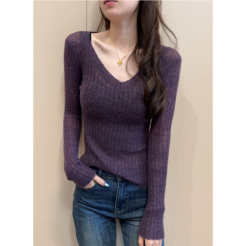【桶哥港风】高级感弹力坑条马海毛毛衣女秋冬V领长袖打底针织衫
