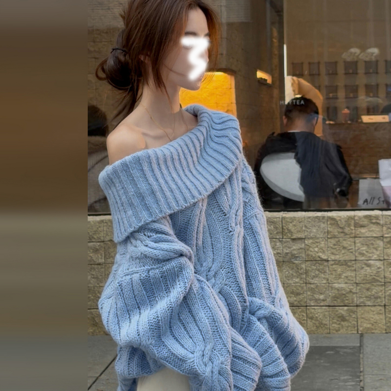 一字肩套头毛衣女秋季慵懒风气质小个子宽松休闲显瘦百搭露肩上衣