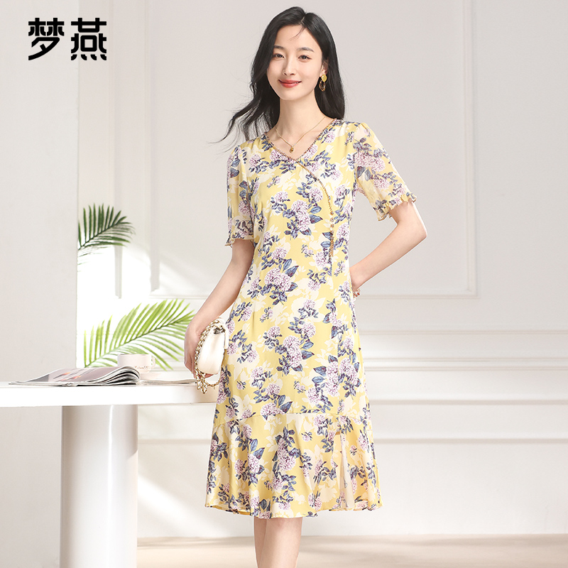 梦燕夏季女款时尚百搭气质宽松休闲显瘦印花真丝连衣裙BS03B4500