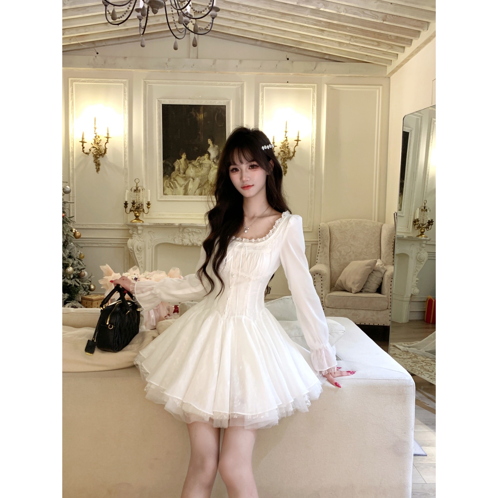 越韩小鱼 纱与芭蕾白色长袖版 法式重工在逃公主裙网纱蓬蓬连衣裙