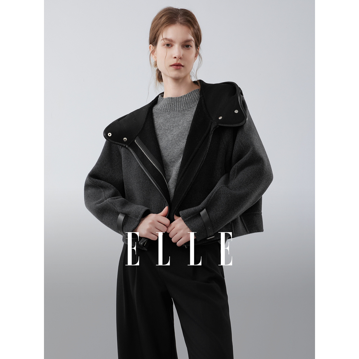 ELLE女装连帽羊绒双面呢大衣2025冬季新款气质毛呢短外套EN52094