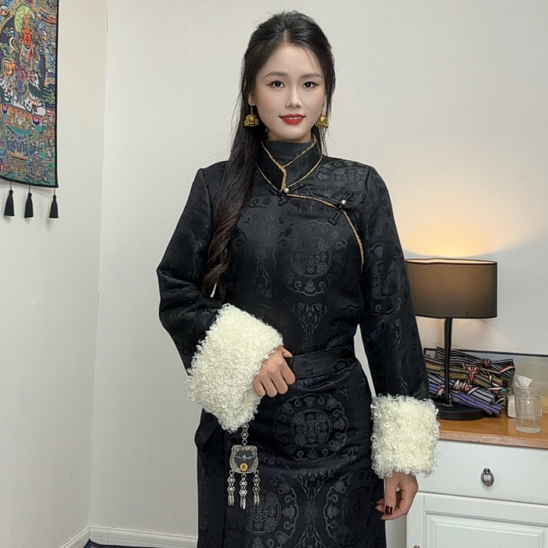 冬季v领加绒加厚博拉裙女士西藏服民族风保暖显瘦传统气质藏装女