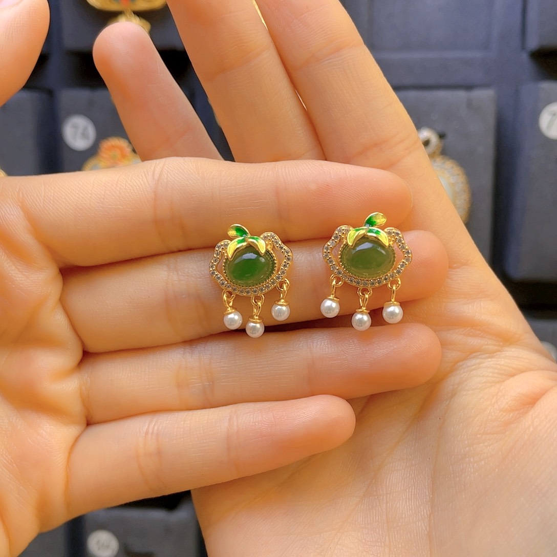 和田玉耳饰银S925镀金镶嵌