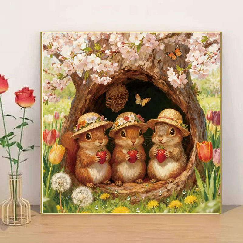 新款花帽松鼠十字绣01758可爱卡通卧室装饰手工自己绣满绣套件