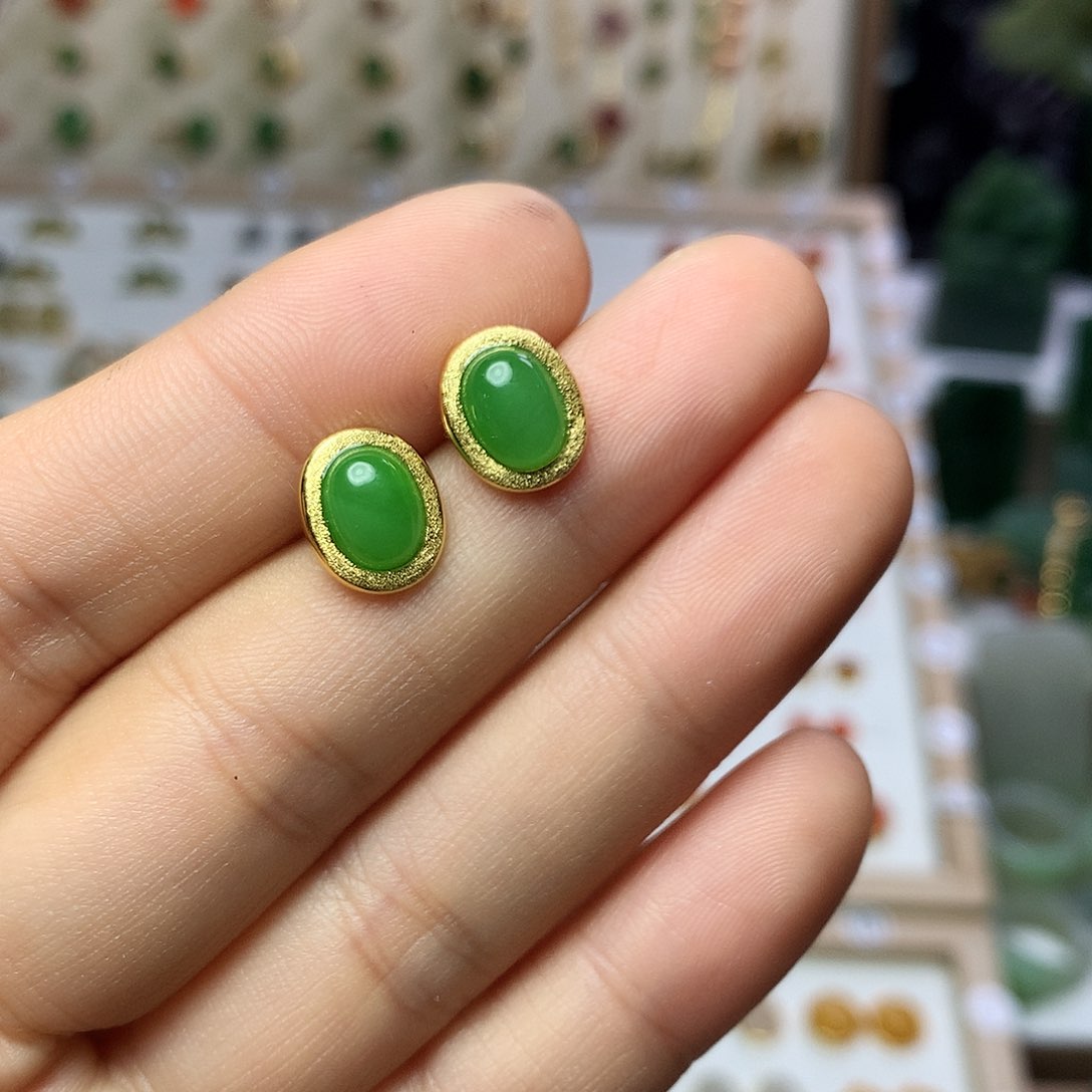 银S925镀金镶嵌和田玉（碧玉）耳饰