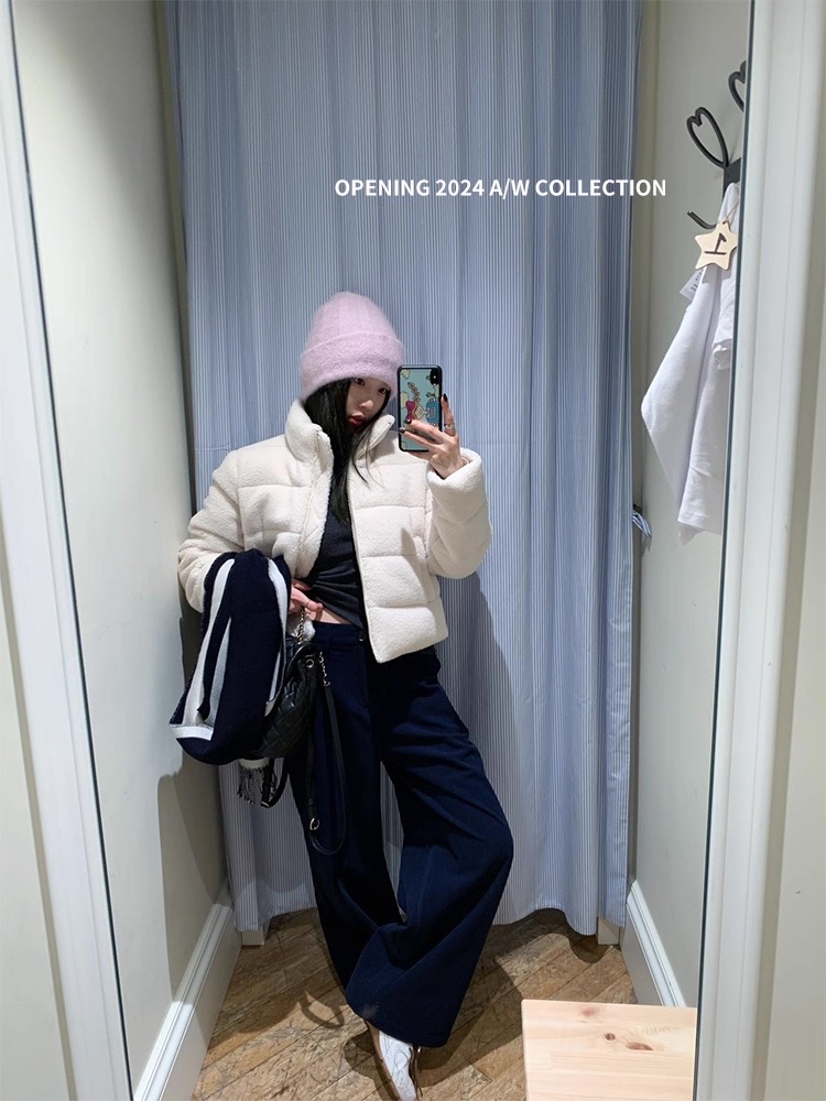 灰灰呀！1129 首尔初雪 韩代复古设计感仿羊羔毛立领保暖羽绒服
