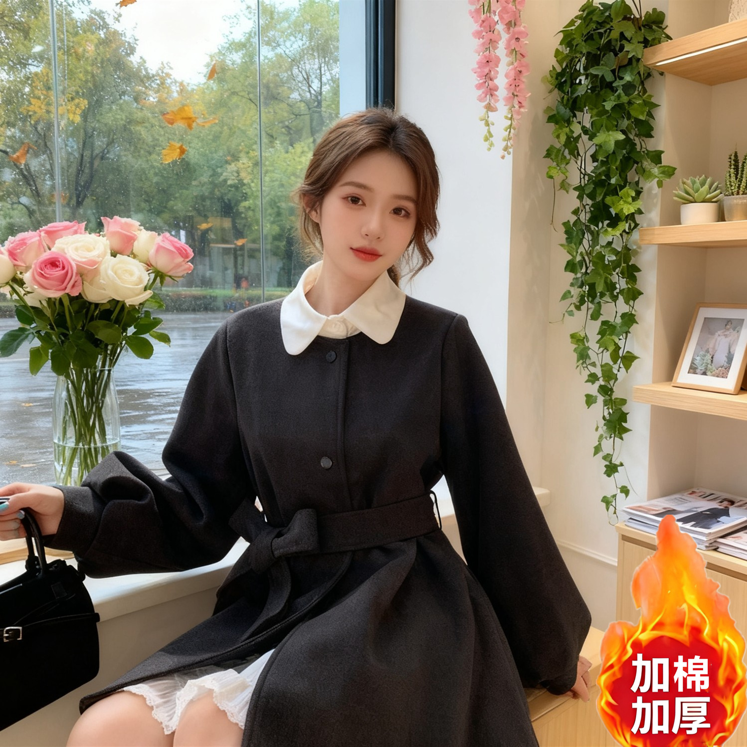 【有运补】秋冬夹棉加厚毛呢外套女小个子法式穿搭系带灯笼袖风衣裙