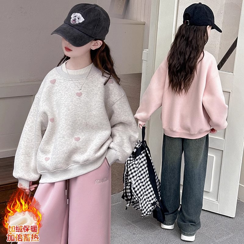 女童加绒卫衣中大童洋气小女孩打底衫冬季儿童加厚羊驼绒保暖上衣