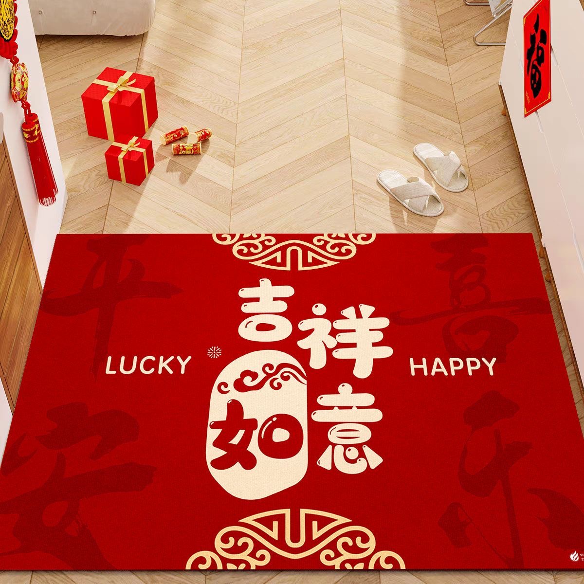 新中式红色喜庆入户门垫防滑耐脏除尘家用门口蹭土垫可裁剪可定制