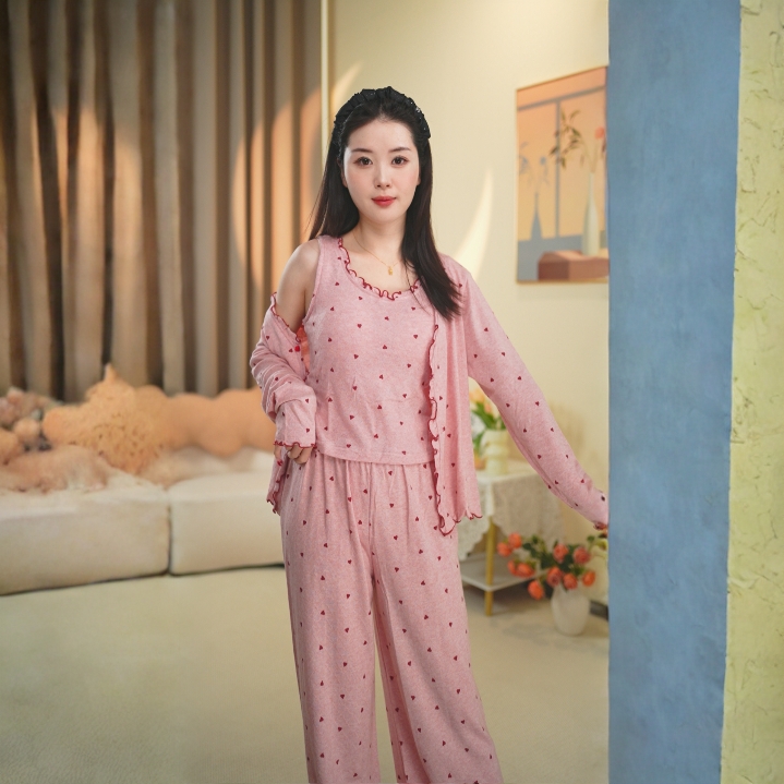 2025新款春秋冬睡衣家居服女款可外穿长袖时尚粉色爱心甜美睡衣