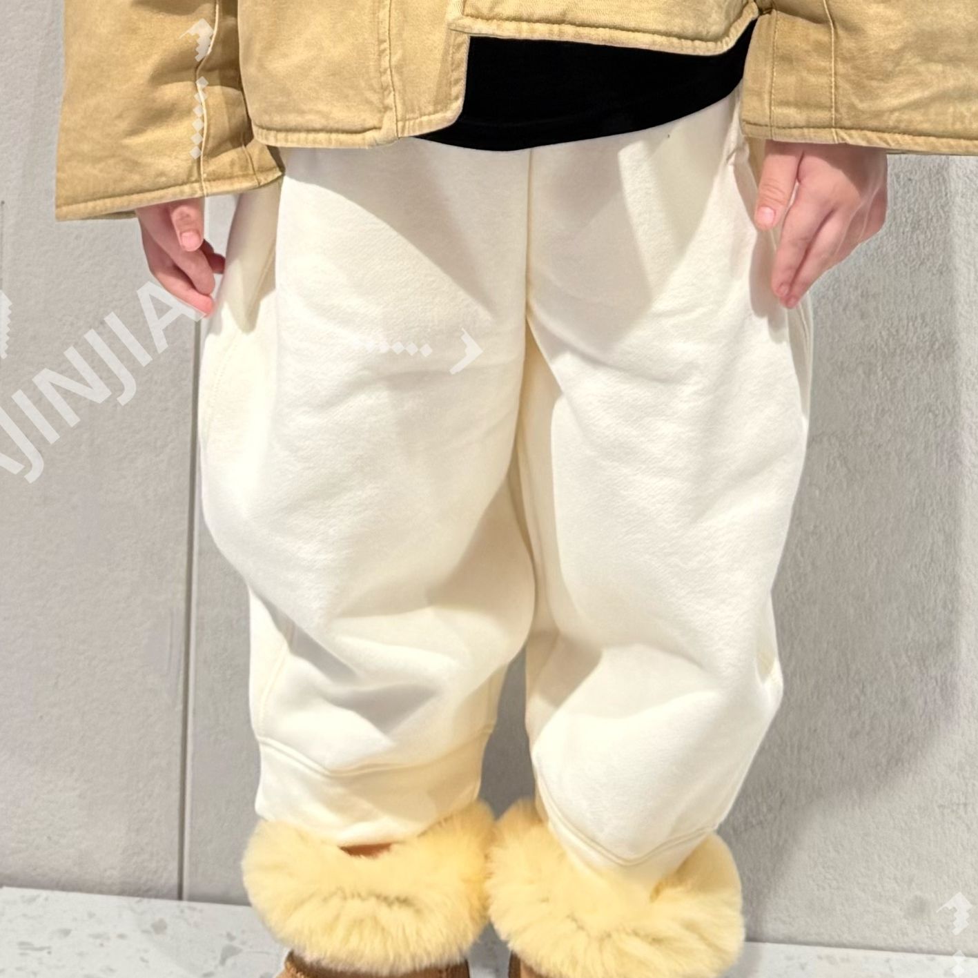 大金定制奶白色加绒加厚秋冬保暖男女宝宝松紧腰棉感卫裤