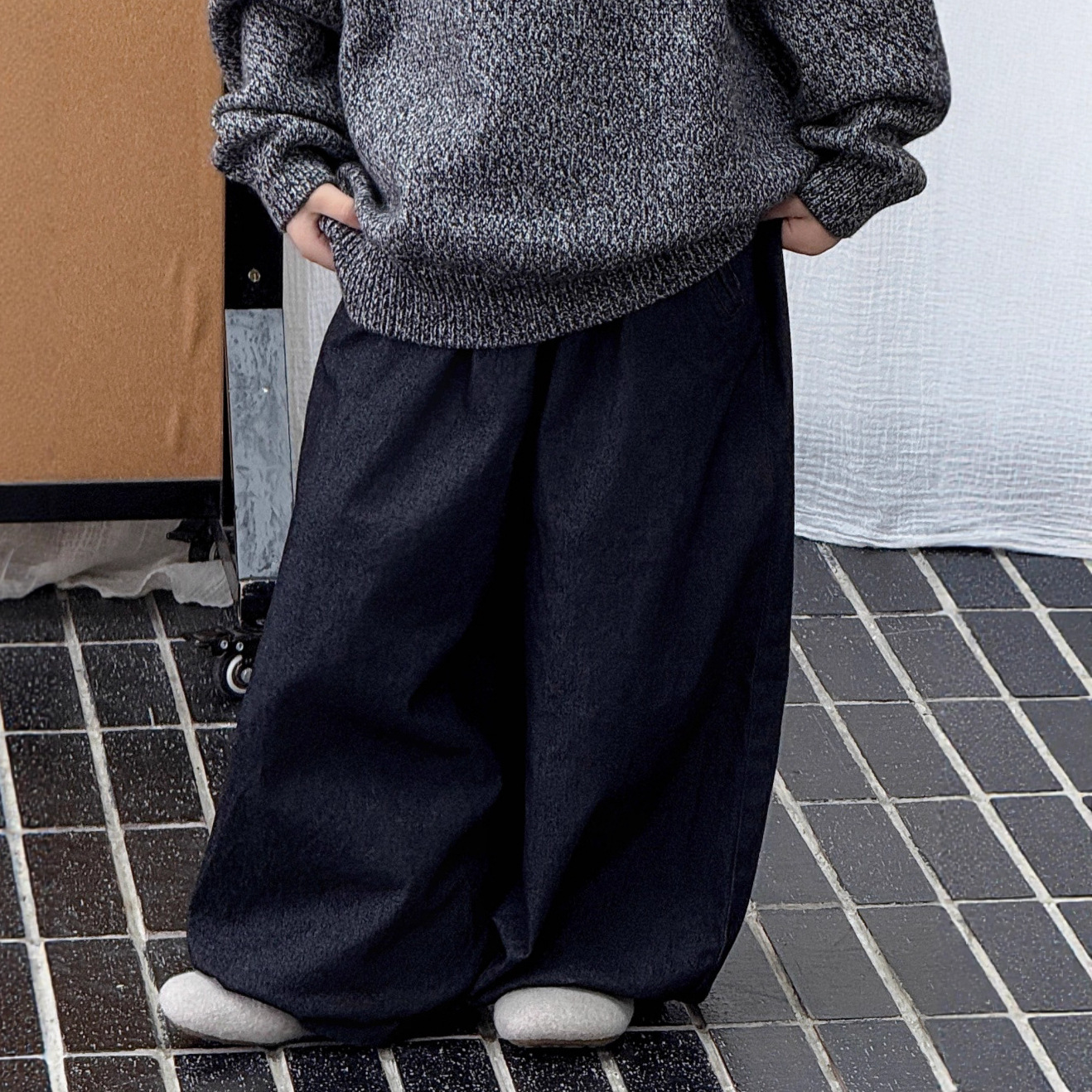 美式复古宽松灯笼裤冬季收脚口双层加绒加厚牛仔裤男童女童中大童