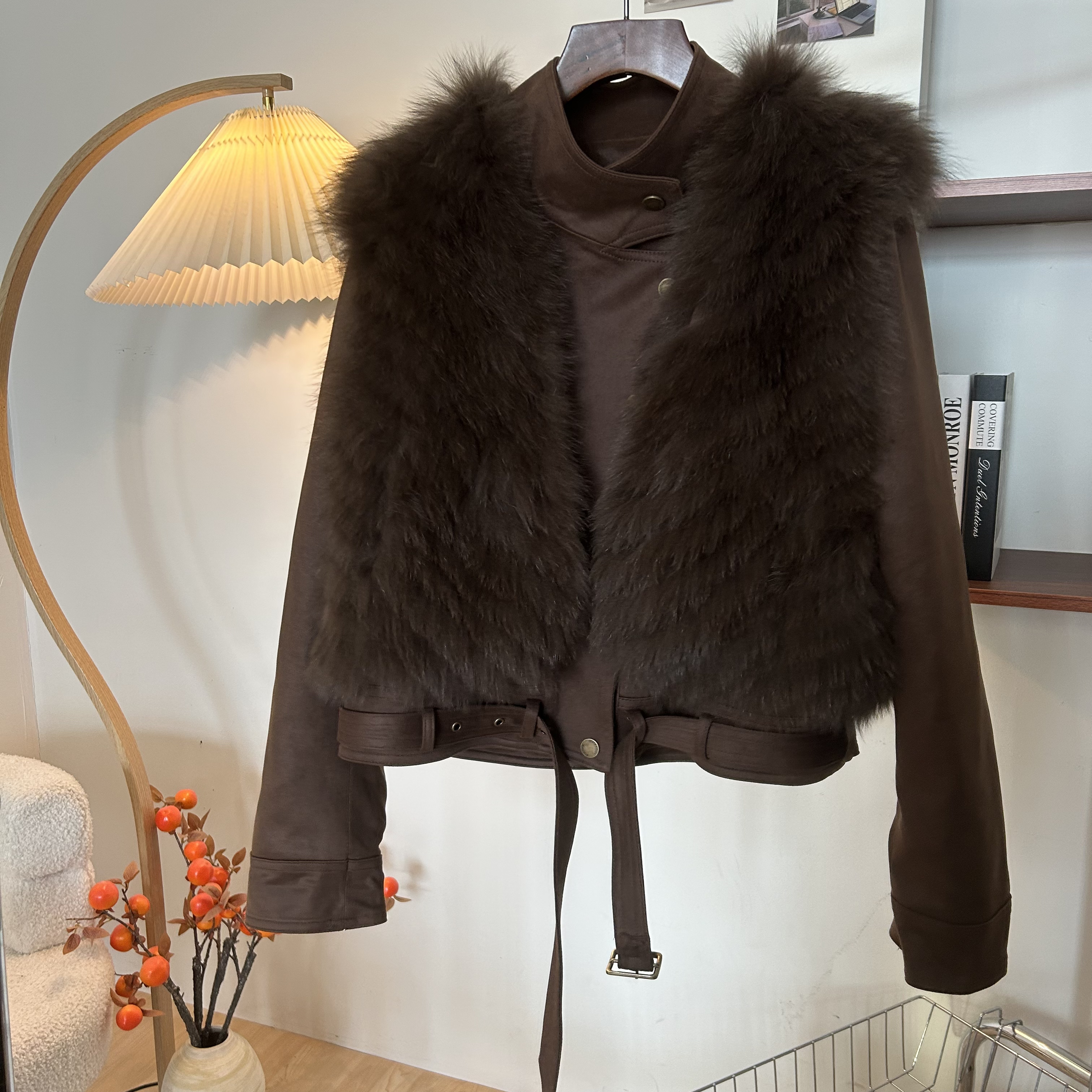 新款两件套机车服麂皮绒白鹅绒皮草百搭外套女秋冬时尚保暖轻奢