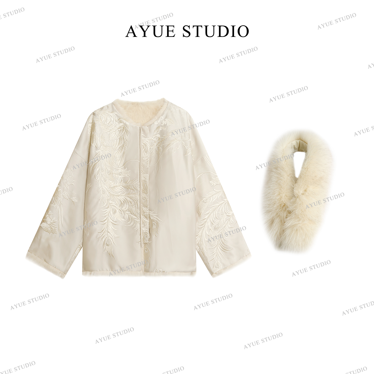 AYUE「玉露」100%狐狸毛磁吸扣大毛领里料成分：100%兔毛大衣2217