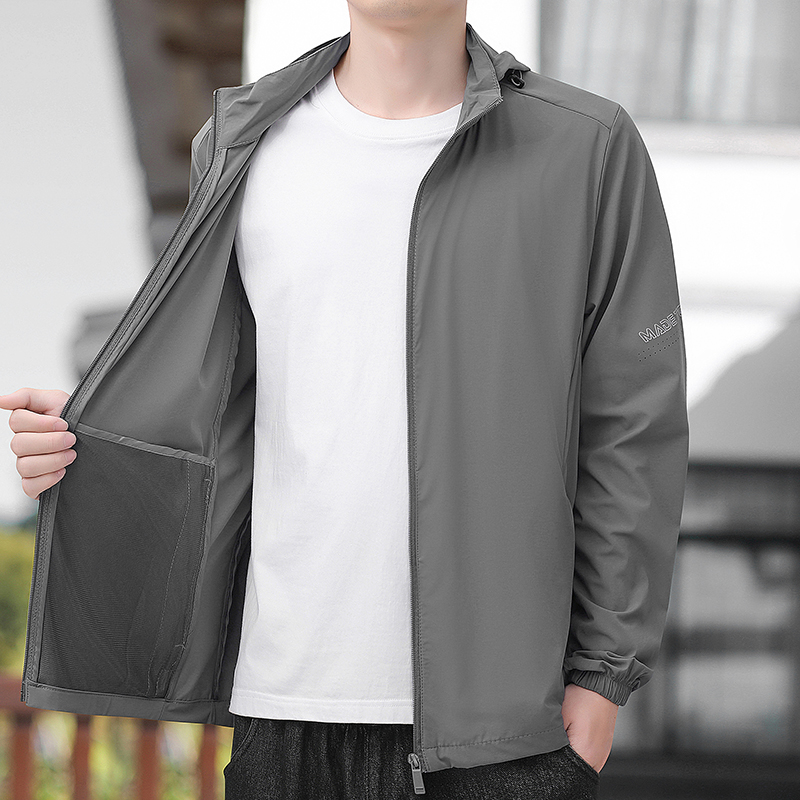 防水男夏季透气男士休闲脱帽夹克弹力休闲钓鱼外套防风薄款