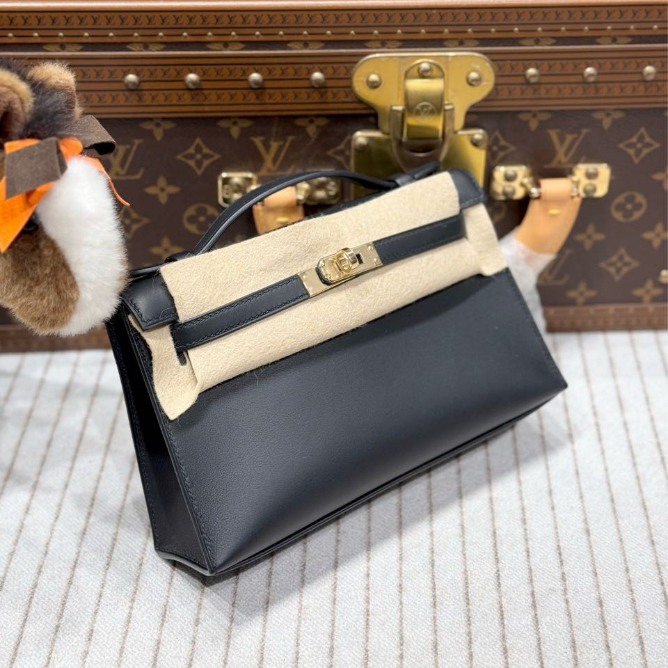 全新未使用 Hermes/爱马仕 lina/黑内拼珍珠灰 一代包淡金扣 W刻