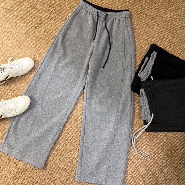 qgg女装秋冬百搭时尚加绒糯米弯刀裤撞色松紧腰抽绳休闲裤 258850