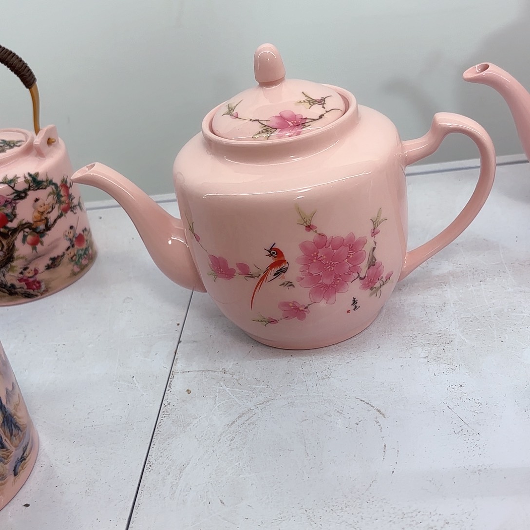 壶陶瓷水点桃花两斤侧把壶红稀稀
