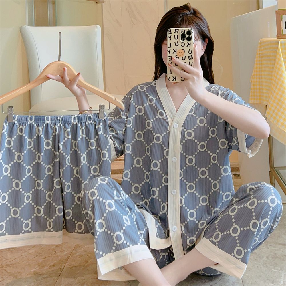 夏季云朵棉甜美风短袖长裤家居服套装透气蓝圆圈休闲少女宽松睡衣