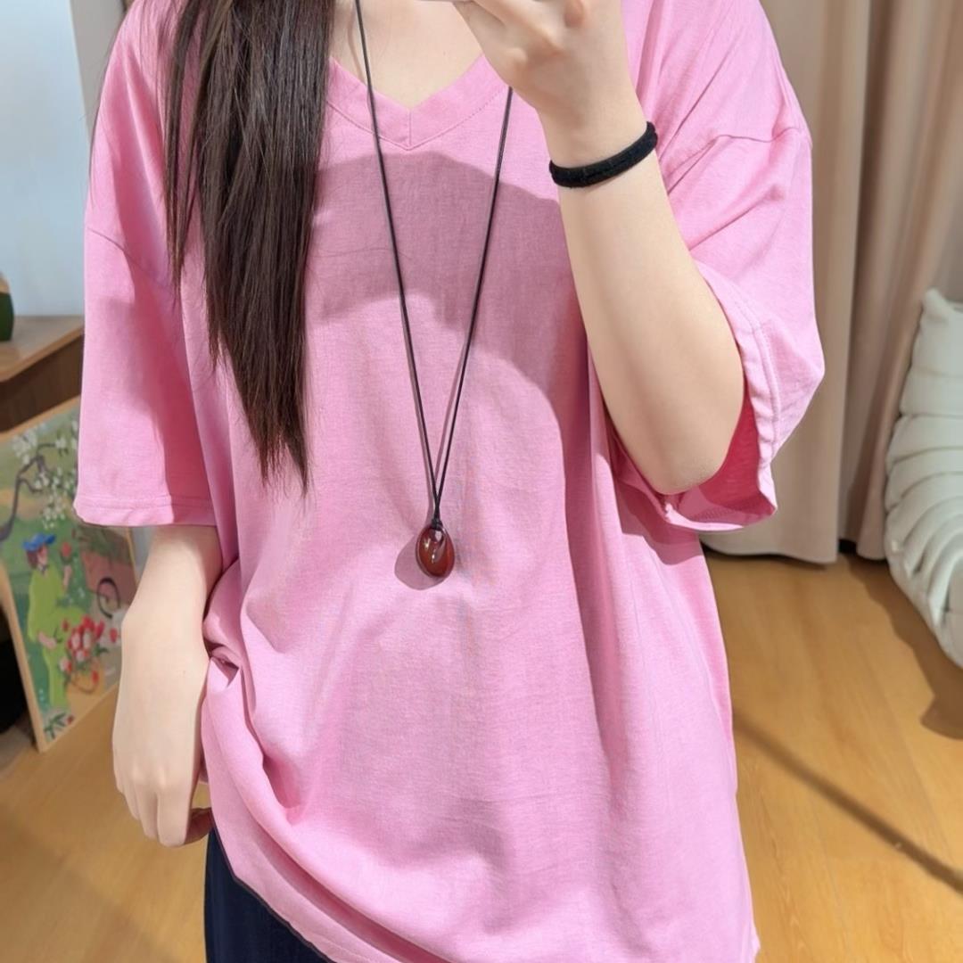 85029余小鱼【桃桃气泡】桃粉色V领休闲夏季短袖大版百搭T恤女装