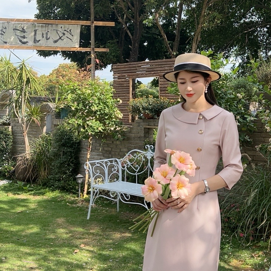 【莫奈花园】2530 安妮老板 法式名媛优雅翻领收腰显瘦有口袋连衣裙