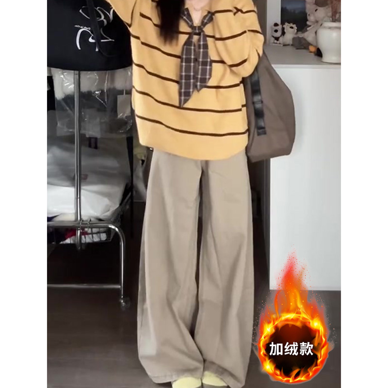 美式复古加绒加厚弯刀牛仔裤女秋冬新款宽松阔腿显瘦直筒休闲裤子