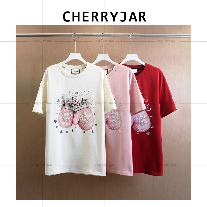 Cherryjar【251056】时尚夏季雪花手套冬季元素图案印花甜美粉短袖